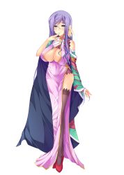 Rule 34 | 1girl, absurdres, black legwear, blue eyes, blush, breasts, cape, china dress, chinese clothes, cleavage, cleavage cutout, clothing cutout, dress, feathers, full body, game cg, hair ornament, high heels, highres, koihime musou, kouchuu, large breasts, long hair, mature female, no bra, official art, purple hair, shin koihime musou, side slit, smile, solo, standing, transparent background, yatsuha kanan