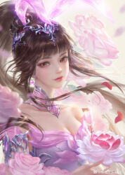Rule 34 | 1girl, absurdres, animal ears, bare shoulders, blush, brown hair, closed mouth, detached collar, douluo dalu, earrings, eye mask, falling petals, floating, floating object, flower, hair ornament, highres, jewelry, long hair, lotus, petals, pink flower, ponytail, rabbit ears, second-party source, smile, solo, upper body, weiran0303, xiao wu (douluo dalu)
