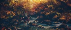 Rule 34 | 1girl, autumn leaves, clothes lift, day, dise (psychoro), dress, dress lift, forest, frilled ribbon, frilled skirt, frills, front ponytail, green eyes, green hair, hair ribbon, highres, kagiyama hina, leaf, looking down, looking to the side, maple leaf, nature, outdoors, puffy short sleeves, puffy sleeves, red dress, ribbon, ripples, rock, scenery, short sleeves, skirt, smile, solo, standing, stream, sunlight, touhou, wading