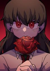 Rule 34 | 1girl, brown hair, collared shirt, commentary request, covered mouth, covering own mouth, crossed bangs, flower, gomulgong, gradient background, highres, holding, holding flower, ib (ib), ib (kouri), korean commentary, long hair, looking at viewer, necktie, portrait, red background, red eyes, red flower, red necktie, red rose, red theme, rose, shirt, simple background, solo, upper body, white shirt