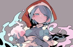 Rule 34 | 1girl, :3, aqua eyes, aqua hair, black capelet, black gloves, blush, breasts, capelet, closed mouth, doremy sweet, dress, ears visible through hair, gloves, grey background, half-closed eyes, hands up, hat, highres, holding, impossible clothes, looking at viewer, massakasama, medium breasts, nightcap, pom pom (clothes), red hat, short hair, simple background, smile, solo, swept bangs, touhou, upper body, white dress