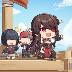 Rule 34 | +++, 1boy, 2girls, :d, absurdres, arm up, bandana, beidou (genshin impact), black footwear, black gloves, black hair, black pants, black shirt, blue sky, blunt bangs, blush, boat, boots, brown hair, capelet, chibi, china dress, chinese clothes, cleavage cutout, clothing cutout, cloud, commentary, commentary request, company name, copyright name, copyright notice, day, detached sleeves, dress, english commentary, eyelashes, eyepatch, fingerless gloves, fur-trimmed capelet, fur trim, genshin impact, gloves, hair ornament, hair stick, hand on own hip, highres, long hair, mast, mountainous horizon, multiple girls, npc (genshin impact), official art, one eye covered, open clothes, open mouth, open vest, outdoors, pants, parted bangs, pelvic curtain, pouch, red bandana, red capelet, red dress, red eyes, red vest, shirt, short hair, short sleeves, shorts, sidelocks, sky, sleeveless, sleeveless dress, sleeveless shirt, smile, standing, swept bangs, tassel, teeth, thigh boots, upper teeth only, vest, water, watercraft, watermark, white shorts