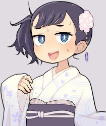 Rule 34 | 1girl, black hair, black outline, black sash, blue eyes, blush, boku no kokoro no yabai yatsu, bright pupils, commentary request, flower, grey background, hair flower, hair ornament, highres, hospital king, japanese clothes, kimono, long sleeves, looking at viewer, obi, one side up, open mouth, outline, ringed eyes, sash, short bangs, short hair, simple background, smile, solo, sweat, upper body, white kimono, white pupils, wide sleeves, yamada anna