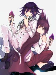 Rule 34 | 2boys, back-to-back, beard, black footwear, buttons, checkered clothes, checkered neckwear, checkered scarf, danganronpa (series), danganronpa v3: killing harmony, double-breasted, facial hair, food, goatee, hand up, hands up, highres, holding, ice cream, ice cream cone, indian style, jacket, jacket on shoulders, kitsunebi v3kokonn, knees up, long sleeves, looking at another, looking at viewer, male focus, momota kaito, multiple boys, open mouth, oma kokichi, pants, pink hair, pink jacket, pink pants, profile, purple eyes, purple hair, scarf, shirt, shoes, short hair, sideways glance, simple background, sitting, smile, space print, spiked hair, starry sky print, straitjacket, tongue, tongue out, white background, white jacket, white pants, white shirt