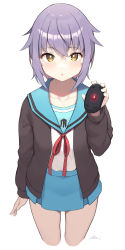 Rule 34 | 1girl, absurdres, black cardigan, blue sky, cardigan, cloba, collarbone, cowboy shot, cropped legs, expressionless, grey hair, highres, holding mouse (computer), kita high school uniform, long sleeves, looking at viewer, miniskirt, mouse (computer), nagato yuki, neck ribbon, open cardigan, open clothes, ribbon, sailor collar, school uniform, serafuku, short hair, simple background, skirt, sky, solo, suzumiya haruhi no yuuutsu, thighs, white background, yellow eyes