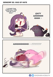Rule 34 | 2girls, 2koma, annoyed, artist name, bare legs, bare shoulders, blush stickers, bowl, breasts, cleavage, comic, commentary, dress, dry humping, english commentary, english text, facebook logo, flower, food, genshin impact, hair between eyes, hair flower, hair ornament, highres, holding, holding bowl, holding food, holding spoon, humping, japanese clothes, kinohara kossuta, long hair, looking at another, medium breasts, multiple girls, no shoes, open mouth, purple eyes, raiden shogun, sleeveless, sleeveless dress, smile, spoon, twitter logo, yae miko