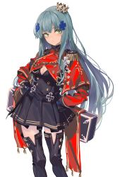 Rule 34 | 1girl, absurdres, black dress, black thighhighs, blue hair, boots, breasts, capelet, case, cleavage, commentary, cowboy shot, crown, dress, epaulettes, girls&#039; frontline, gloves, green eyes, hair ornament, hand on own hip, highres, hk416 (girls&#039; frontline), hk416 (percussive bolero) (girls&#039; frontline), kazukingu, large breasts, long hair, long sleeves, looking at viewer, official alternate costume, pleated dress, red capelet, solo, thigh boots, thighhighs, white background
