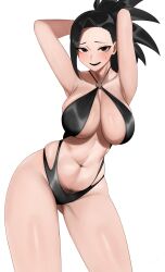 Rule 34 | 1girl, alternate costume, armpits, arms up, asymmetrical bangs, black eyes, black hair, black one-piece swimsuit, blush, boku no hero academia, breasts, collarbone, female pubic hair, forehead, gluteal fold, highres, large breasts, looking at viewer, navel, nervous smile, o-ring, o-ring swimsuit, one-piece swimsuit, ponytail, presenting armpit, pubic hair, pubic hair peek, senju (snz0), simple background, skindentation, slingshot swimsuit, smile, solo, stomach, sweat, sweatdrop, swimsuit, thick thighs, thighs, third-party edit, white background, yaoyorozu momo