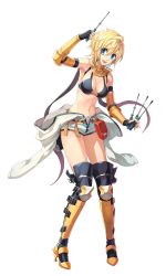 Rule 34 | 1girl, :d, absurdres, armor, bikini armor, boots, breasts, gauntlets, greaves, highres, leona (pixiv), mechanic (ragnarok online), open mouth, ragnarok online, screwdriver, short hair, shorts, smile, solo, thigh boots, thighhighs