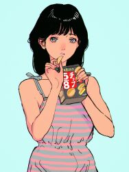 Rule 34 | 1girl, bare shoulders, black hair, blue background, box, brown eyes, camisole, chips (food), food, grey camisole, highres, holding, holding box, holding food, looking at viewer, nukazuke, original, pink camisole, potato chips, product placement, simple background, solo, spaghetti strap, striped camisole