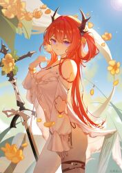 Rule 34 | 1girl, absurdres, arknights, bare shoulders, bikini, breasts, cleavage, commentary request, cowboy shot, flower, hair intakes, hair rings, highres, hongshaoyu, horns, large breasts, long hair, long sleeves, looking at viewer, official alternate costume, purple eyes, red hair, solo, standing, surtr (arknights), surtr (colorful wonderland) (arknights), swimsuit, sword, thigh strap, thighs, very long hair, weapon, yellow flower