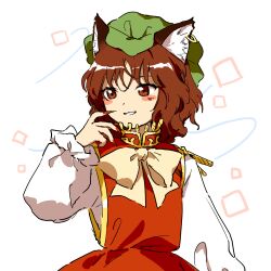 Rule 34 | 1girl, animal ear piercing, animal ears, blush stickers, brown eyes, brown hair, cat ears, cat girl, cat tail, chen, dress, fingernails, green hat, hat, highres, jewelry, kaigen 1025, long fingernails, long sleeves, mob cap, multiple tails, nail polish, open mouth, red dress, red nails, sharp fingernails, short hair, smile, solo, tail, touhou, two tails, upper body