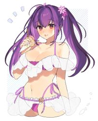 Rule 34 | 1girl, ahoge, bikini, breasts, cropped legs, eating, fate/grand order, fate (series), flower, food, food on face, hair flower, hair ornament, highres, ice cream cone, large breasts, long hair, navel, purple hair, red eyes, scathach (fate), scathach skadi (swimsuit ruler) (fate), scathach skadi (swimsuit ruler) (first ascension) (fate), swimsuit, twintails, uxco0