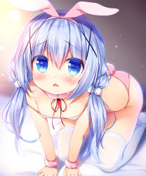 Rule 34 | 1girl, all fours, animal ears, blue eyes, blue hair, blush, breasts, commentary request, fake animal ears, gochuumon wa usagi desu ka?, hair bobbles, hair ornament, hairband, kafuu chino, long hair, looking at viewer, low twintails, open mouth, rabbit ears, rabbit tail, sasai saji, small breasts, solo, tail, thighhighs, twintails, white thighhighs, x hair ornament