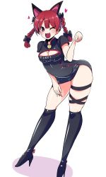 Rule 34 | 1girl, absurdres, amisu, animal ears, bell, bent over, boots, bow, braid, breasts, cat ears, china dress, chinese clothes, cleavage, cleavage cutout, clothes writing, clothing cutout, dress, fang, full body, hair bow, hair ornament, heart, high heels, highres, kaenbyou rin, leg ribbon, no tail, one-hour drawing challenge, one eye closed, open mouth, race queen, red eyes, red hair, ribbon, short sleeves, simple background, smile, solo, tail, touhou, twin braids, white background