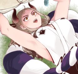 Rule 34 | 1girl, alternate hair color, armpits, arms up, bare arms, book, breasts, brown eyes, brown hair, chain, commentary request, earrings, grass, hisame (83164991), horns, japanese clothes, jewelry, large breasts, light brown hair, long hair, looking up, lying, multicolored hair, on back, on grass, on ground, one piece, oni, open mouth, reading, rope, shimenawa, sideboob, sidelocks, smile, solo, teeth, two-tone hair, upper body, upper teeth only, yamato (one piece)