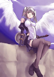 Rule 34 | 1girl, arm support, fantasy, hino akira, lowres, pointy ears, shield, short twintails, silver hair, solo, sword, thighhighs, twintails, weapon, white wings, wings