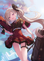 Rule 34 | 1girl, bag, blue archive, building, cloud, dress, from below, grey hair, gun, hair ornament, halo, highres, holding, holding bag, holding gun, holding weapon, long hair, mutsuki (blue archive), ohihil, open mouth, outdoors, ponytail, purple eyes, short sleeves, side ponytail, sky, solo, thigh strap, very long hair, weapon