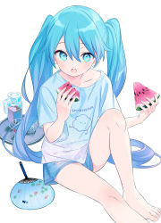 Rule 34 | 1girl, aqua eyes, aqua hair, bare legs, collarbone, commentary, food, fruit, hair between eyes, hand fan, hatsune miku, highres, holding, holding food, kiya machi, leaf print, long hair, looking at viewer, lying, on floor, open mouth, paper fan, shirt, short sleeves, shorts, simple background, sitting, solo, summer, twintails, uchiwa, very long hair, vocaloid, watermelon, white background, white shirt