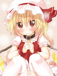 Rule 34 | 1girl, 3:, absurdres, bad id, bad pixiv id, blonde hair, blush, clothes lift, collar, dress, dress lift, embodiment of scarlet devil, female focus, flandre scarlet, hat, highres, panties, pantyshot, red eyes, short hair, side ponytail, sitting, solo, striped clothes, striped panties, tears, thighhighs, touhou, underwear, white thighhighs, wings, yukiu con