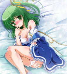 Rule 34 | 1girl, bed sheet, blush, bra, breasts, cleavage, collarbone, daiyousei, dress, dress shirt, female focus, female masturbation, fingering, green eyes, green hair, hand on own face, large breasts, lingerie, lying, masturbation, matching hair/eyes, off shoulder, on side, open mouth, panties, panty pull, pink bra, pink panties, pussy juice, shirt, side ponytail, socks, solo, strap, touhou, unbuttoned, underwear, white panties, white socks, wings, yamu (reverse noise)