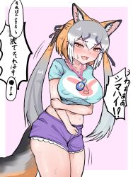 Rule 34 | 1girl, animal ears, aramaru, brown hair, extra ears, fox ears, fox girl, fox tail, grey hair, highres, island fox (kemono friends), kemono friends, kemono friends v project, long hair, looking at viewer, navel, pink background, ribbon, shirt, shorts, simple background, solo, t-shirt, tail, translation request, twintails, virtual youtuber, yellow eyes
