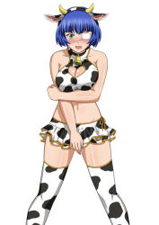 Rule 34 | 1girl, animal ears, animal print, bell, neck bell, blue eyes, blue hair, blush, breasts, cleavage, cleavage cutout, clothing cutout, collar, cow ears, cow girl, cow horns, cow print, cowbell, eyepatch, groin, headband, heart cutout, horns, ikkitousen, large breasts, midriff, miniskirt, mole, navel, ryomou shimei, skirt, solo, tagme, thighhighs