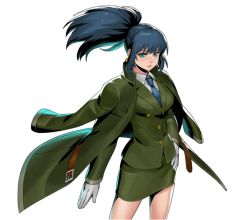 Rule 34 | 1girl, alternate costume, blouse, blue eyes, blue hair, clenched hand, collared shirt, earrings, formal, gloves, hand on own hip, jacket, jacket on shoulders, unworn jacket, jewelry, leona heidern, metal slug attack, necktie, official art, ponytail, senno aki, shirt, simple background, skirt, skirt suit, solo, suit, the king of fighters, triangle earrings, white background, white gloves, white shirt