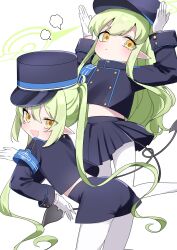 Rule 34 | &gt;:(, :d, absurdres, armband, ass, blue archive, closed mouth, gloves, green hair, halo, hands on own head, hat, highres, hikari (blue archive), midriff, military hat, military uniform, nozomi (blue archive), open mouth, pantyhose, pleated skirt, pointy ears, shorts, simple background, skirt, smile, tail, tamotsu (mary), thighs, uniform, v-shaped eyebrows, white background, yellow eyes