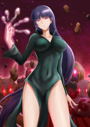 Rule 34 | 1girl, :&lt;, alakazam, aura, bent spoon, black dress, breasts, breasts apart, collarbone, commentary request, cosplay, covered navel, creatures (company), dress, floating rock, game freak, gen 1 pokemon, glowing, glowing eyes, gym leader, head tilt, highres, impossible clothes, jojobirdz, jynx, large breasts, legs, long dress, long hair, looking at viewer, mr. mime, nintendo, one-punch man, pokemon, pokemon rgby, purple eyes, purple hair, sabrina (pokemon), side slit, solo focus, spoon, standing, tatsumaki, tatsumaki (cosplay), taut clothes, taut dress, telekinesis, very long hair