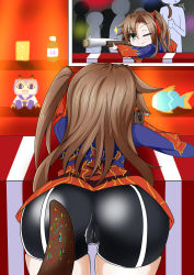 Rule 34 | 1girl, absurdres, artist request, ass, blush, brown hair, cameltoe, chocolate banana, from behind, green eyes, hair ribbon, highres, huge ass, if (neptunia), japanese clothes, kimono, leaning, leaning forward, long hair, neptune (series), one eye closed, ribbon, sexually suggestive, shiny clothes, short kimono, short shorts, shorts, side ponytail, smile, stuffed animal, stuffed toy
