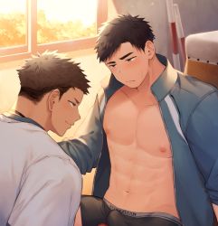 Rule 34 | 2boys, abs, bara, bare pectorals, black hair, black male underwear, blue jacket, blush, boxers, bulge, bulge press, bulges touching, erection, erection under clothes, eye contact, grey eyes, hao (haozz), imminent anal, imminent penetration, jacket, kurokawa keita (haozz), looking at another, male focus, male underwear, multiple boys, navel, nipples, open clothes, open jacket, original, paid reward available, pectorals, red male underwear, short hair, stomach, sweatdrop, toned, toned male, track jacket, underwear, yaoi