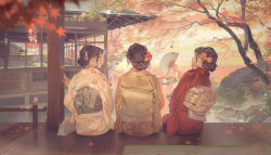 Rule 34 | 3girls, :d, absurdres, architecture, autumn, autumn leaves, bag, blurry, carpet, comb, commentary request, day, depth of field, east asian architecture, facing away, falling leaves, flower, folding fan, from behind, hair bun, hair flower, hair ornament, hand fan, hand up, handbag, happy, highres, holding, holding fan, japanese clothes, jinn avalon, kimono, lake, leaf, long sleeves, looking at another, looking away, looking to the side, looking up, maple leaf, multiple girls, obi, open mouth, orange flower, original, profile, railing, red kimono, sash, single hair bun, sitting, smile, talking, tree, veranda, wooden floor, yellow kimono