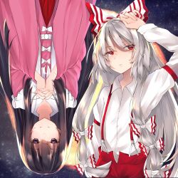 Rule 34 | 2girls, arm up, black hair, bow, buttons, closed mouth, collared shirt, commentary request, cowboy shot, eyes visible through hair, frills, fujiwara no mokou, grey hair, hair between eyes, hair bow, highres, hime cut, houraisan kaguya, long hair, long sleeves, looking at viewer, multiple girls, night, night sky, own hands clasped, own hands together, pants, pink shirt, purple eyes, red eyes, red pants, red skirt, shirt, sidelocks, skirt, sky, sleeve garter, smile, solanikieru, split mouth, star (sky), starry sky, straight hair, suspenders, touhou, upside-down, very long hair, white bow, white shirt, wide sleeves