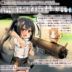 Rule 34 | 1girl, :d, admiral (kancolle), alternate hairstyle, animal, black hair, black skirt, blue headband, brown eyes, colored pencil (medium), commentary request, dated, hair between eyes, hamster, hatsushimo (kancolle), headband, kantai collection, kirisawa juuzou, long hair, non-human admiral (kancolle), numbered, open mouth, pleated skirt, shirt, short sleeves, skirt, smile, sweat, traditional media, translation request, twitter username, white shirt