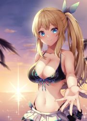 Rule 34 | 1girl, absurdres, amagi korona, bare shoulders, bikini, bikini skirt, blonde hair, blue eyes, blush, breasts, cleavage, closed mouth, cloud, collarbone, commentary request, hair ribbon, highres, large breasts, long hair, looking at viewer, mirai akari, mirai akari project, navel, ocean, outstretched hand, palm leaf, palm tree, ponytail, ribbon, shiny skin, side ponytail, sidelocks, smile, solo, sparkle, standing, sunset, swimsuit, tree, virtual youtuber, water