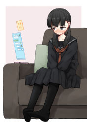 Rule 34 | 1girl, black eyes, black hair, black pantyhose, black serafuku, black shirt, black skirt, blush, brown background, brown necktie, cellphone, closed mouth, collarbone, commentary request, couch, holographic interface, long sleeves, low twintails, necktie, no shoes, nose blush, on couch, original, pantyhose, phone, pleated skirt, school uniform, serafuku, shirt, sitting, skirt, smartphone, solo, sweat, twintails, two-tone background, usui harusame, white background