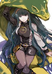 Rule 34 | 1girl, black pantyhose, cleopatra (fate), cobra (animal), earrings, fate/grand order, fate (series), green eyes, green hair, highres, jewelry, long hair, necklace, pantyhose, shorts, sitting, solo, very long hair