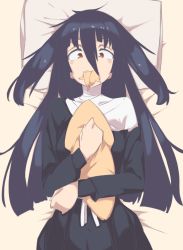 Rule 34 | 10s, bandaged neck, bandages, black hair, eating, fang, full mouth, holding, holding to chest, holding toy, long hair, looking at viewer, md5 mismatch, messy hair, puta (user eftv4243), rag, red eyes, resolution mismatch, solo, source smaller, stuffed toy, toy, yamada tae, zombie land saga