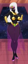 Rule 34 | 1girl, black skin, breasts, circlet, colored skin, dark-skinned female, dark skin, duck dodgers, egyptian clothes, eyeshadow, full body, gold, hand on own hip, hand on own chest, high heels, highres, indoors, jewelry, large breasts, long hair, looking at viewer, makeup, metal bikini, metal bra, necklace, no mouth, purple eyes, queen tyr&#039;ahnee, raised eyebrow, see-through, see-through legwear, shoes, solo, space, spacezin, standing, thick thighs, thighs, tile floor, tiles, vambraces, white hair, wide hips, window