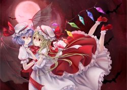 Rule 34 | 2girls, ankle socks, ascot, bat (animal), bat wings, blonde hair, blue hair, eye contact, fingernails, flandre scarlet, flying, full moon, hair in own mouth, hand on another&#039;s back, hand on another&#039;s chest, hat, hat ribbon, highres, hug, legs up, light particles, light smile, lips, looking at another, lying on person, mary janes, megumi (piyo7piyo9), mob cap, moon, multiple girls, nail polish, red background, red eyes, red moon, remilia scarlet, ribbon, sharp fingernails, shoes, short hair, siblings, side ponytail, sideways, sisters, skirt, skirt set, socks, touhou, transparent wings, wings, wrist cuffs, yuri