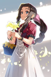 Rule 34 | 1girl, aerith gainsborough, basket, bow, bracelet, braid, braided ponytail, cropped jacket, dress, drill hair, final fantasy, final fantasy vii, final fantasy vii remake, flower, flower basket, green eyes, highres, jacket, jewelry, lily (flower), long dress, nyoro (nyoronyoro000), petals, pink bow, pink dress, red jacket, smile, solo, twin drills
