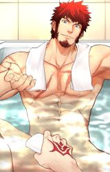 Rule 34 | 1boy, 1other, abs, alternate hairstyle, bara, bath, bathing, blue eyes, brown hair, command spell, convenient censoring, cross scar, facial hair, fate/grand order, fate (series), goatee, large pectorals, long sideburns, male focus, messy hair, muscular, napoleon bonaparte (fate), navel, nipples, nude, pectorals, rinnnnake, same-sex bathing, scar, scar on chest, shared bathing, short hair, sideburns, solo focus, thighs, towel, towel around neck, wet
