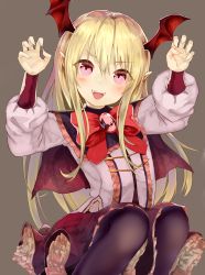 Rule 34 | 1girl, :d, absurdres, black pantyhose, blonde hair, bow, bowtie, brown background, capelet, fangs, fingernails, floating hair, granblue fantasy, hair between eyes, head wings, highres, horns, layered skirt, long hair, looking at viewer, miniskirt, open mouth, pantyhose, red bow, red eyes, sharp fingernails, simple background, sitting, skirt, smile, solo, vampy, very long hair, wings, yamato (muchuu paradigm)