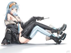 Rule 34 | 1girl, alternate hairstyle, bare shoulders, between breasts, black thighhighs, blowing bubbles, blue hair, boots, bra, breasts, chewing gum, collarbone, fingerless gloves, fingernails, full body, girls&#039; frontline, gloves, goggles, goggles on head, holding, holding walkie-talkie, knife, long coat, long hair, medium breasts, nail polish, navel, necktie, necktie between breasts, simple background, sitting, solo, striped clothes, striped thighhighs, thighhighs, underwear, walkie-talkie, white background, yellow eyes, yp7 (vvy), zas m21 (girls&#039; frontline)