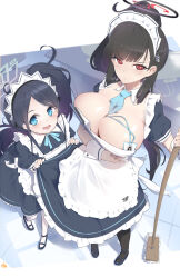Rule 34 | 2girls, alternate costume, apron, aris (blue archive), aris (maid) (blue archive), between breasts, black dress, black hair, blue archive, blue eyes, blush, breasts, cleavage, dress, enmaided, halo, highres, keyfanjun, lanyard, large breasts, looking at viewer, maid, maid headdress, multiple girls, neck ribbon, necktie, necktie between breasts, petticoat, ponytail, puffy short sleeves, puffy sleeves, red eyes, ribbon, rio (blue archive), short sleeves, side ponytail, skirt hold, smile, white apron