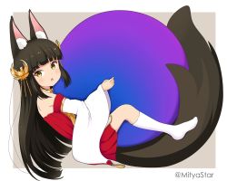 Rule 34 | 1girl, animal ears, azur lane, ball, bare shoulders, black hair, blunt bangs, collarbone, commentary request, detached sleeves, dress, fox ears, fox girl, fox tail, full body, hair ornament, hug, jewelry, kneehighs, logo, logo parody, long hair, looking at viewer, mitya, mozilla firefox, nagato (azur lane), necklace, parody, parted lips, red dress, sidelocks, simple background, socks, solo, tail, trait connection, twitter username, two-tone background, white socks, wide sleeves, yellow eyes