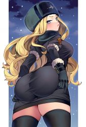 Rule 34 | 1girl, annoyed, ass, ass grab, black gloves, black thighhighs, blonde hair, blue eyes, breasts, coat, eyebrows, eyelashes, fur hat, fur trim, gloves, grabbing own ass, hat, highres, huge ass, kolin, large breasts, lips, long hair, looking back, night, night sky, pnpnonk04, pout, skindentation, sky, snow, solo, standing, street fighter, street fighter v, thick thighs, thighhighs, thighs, ushanka, wavy hair, wide hips, winter clothes, winter coat, zettai ryouiki