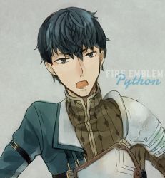 Rule 34 | 1boy, armor, black hair, blue hair, character name, copyright name, fire emblem, fire emblem echoes: shadows of valentia, grey background, male focus, multicolored hair, nintendo, open mouth, portrait, python (fire emblem), recton, solo, teeth, two-tone hair