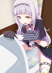 Rule 34 | 1girl, arched bangs, bidet, black capelet, black gloves, black skirt, bow, bowtie, capelet, clothing aside, cropped shirt, drooling, female masturbation, gloves, grey hair, grey shirt, hairband, half updo, highres, hololive, indoors, long hair, long sleeves, lowleg, lowleg skirt, masturbation, midriff, miniskirt, murasaki shion, murasaki shion (1st costume), navel, no headwear, open mouth, orange eyes, panties, panties aside, pee, peeing, pink bow, pink bowtie, pinstripe pattern, pinstripe shirt, purple capelet, pussy, revision, saliva, shirt, skirt, solo, striped clothes, striped shirt, textless version, thighlet, toilet, toilet use, uncensored, underwear, vertical-striped clothes, vertical-striped shirt, virtual youtuber, white panties, yige lurenjia